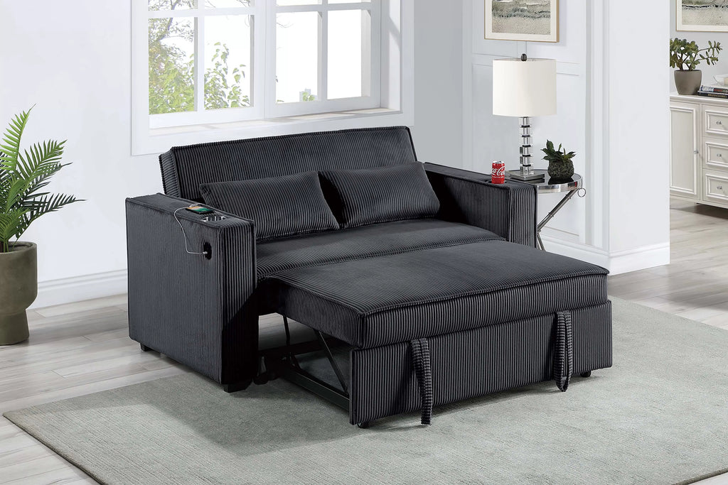 Convertible Sofa – Sleeper Sofa W/ Cup Holders & USB Port – Black (F8568)