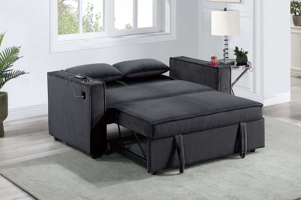 Convertible Sofa – Sleeper Sofa W/ Cup Holders & USB Port – Black (F8568)