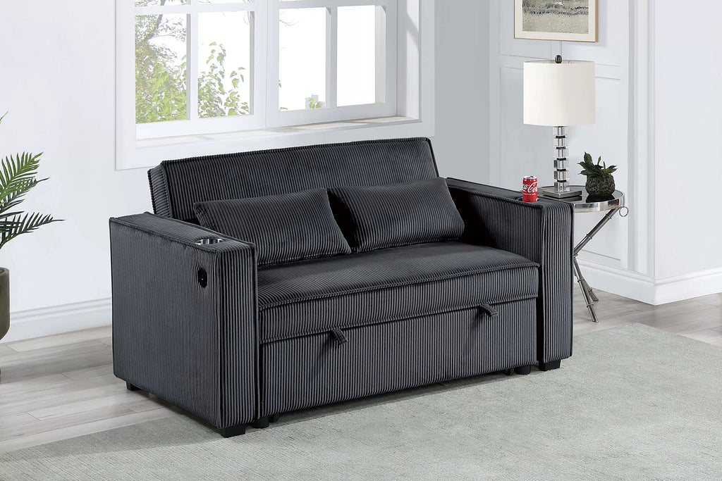 Convertible Sofa – Sleeper Sofa W/ Cup Holders & USB Port – Black (F8568)