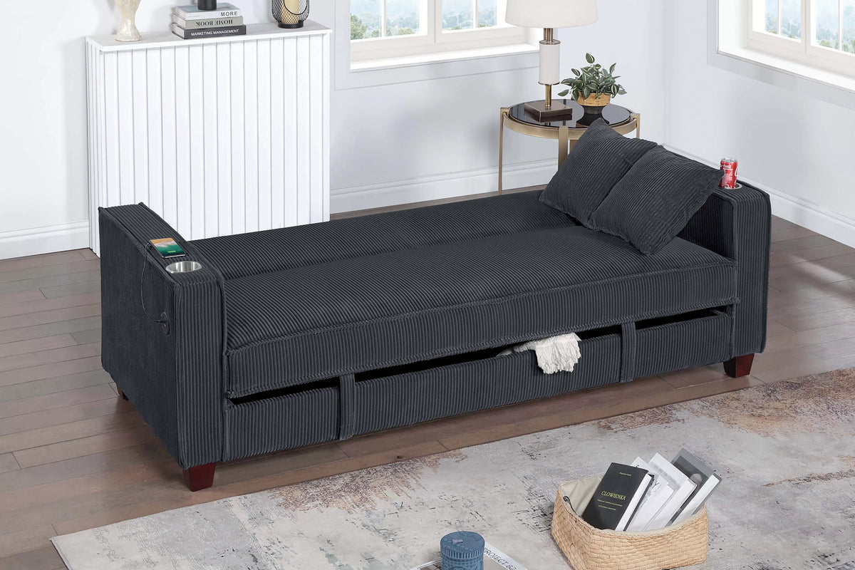 Convertible Sofa – Hidden Storage + Cup Holder + USB Ports – Black (F8569)