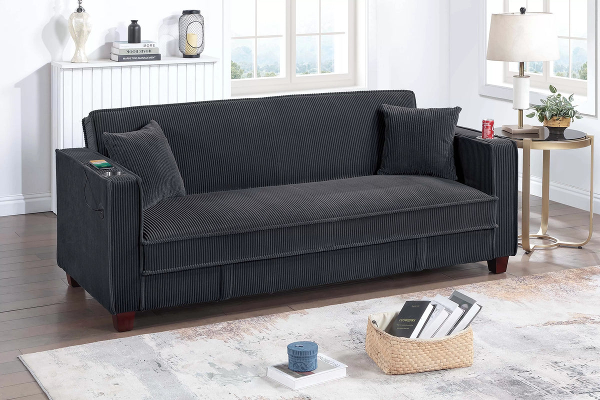 Convertible Sofa – Hidden Storage + Cup Holder + USB Ports – Black (F8569)