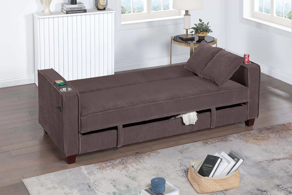 Convertible Sofa – Hidden Storage + Cup Holder + USB Ports – Chocolate (F8570)