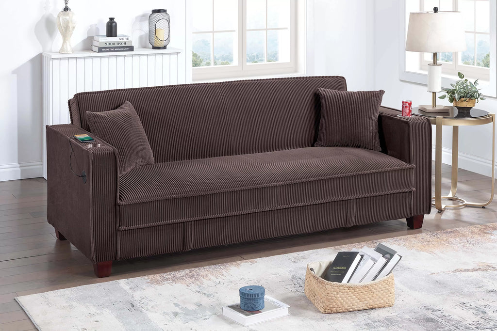 Convertible Sofa – Hidden Storage + Cup Holder + USB Ports – Chocolate (F8570)