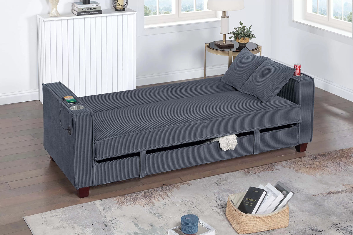 Convertible Sofa – Hidden Storage + Cup Holder + USB Ports – Dark Gray (F8571)