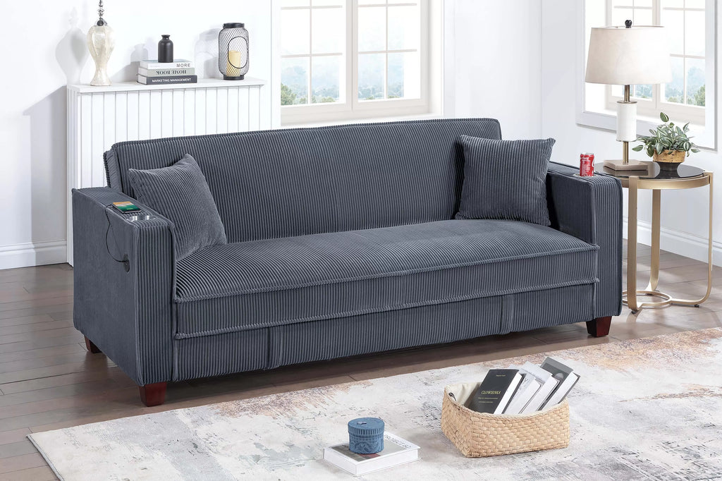Convertible Sofa – Hidden Storage + Cup Holder + USB Ports – Dark Gray (F8571)