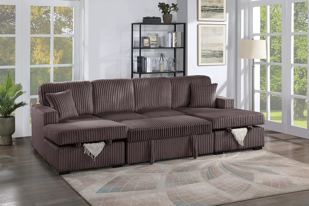 3-Piece Convertible Sectional – Sleeper Sofa & 2 Chaise Storage – Chocolate (F8579)