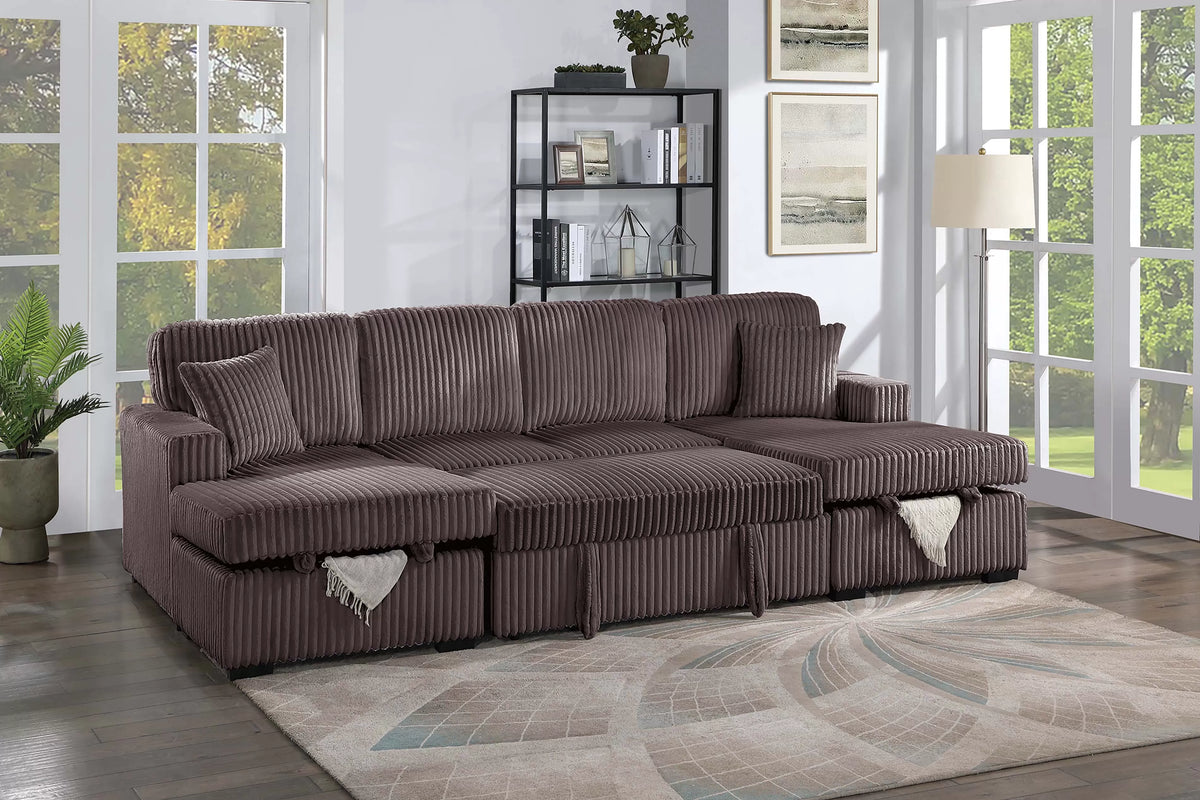 3-Piece Convertible Sectional – Sleeper Sofa & 2 Chaise Storage – Chocolate (F8579)