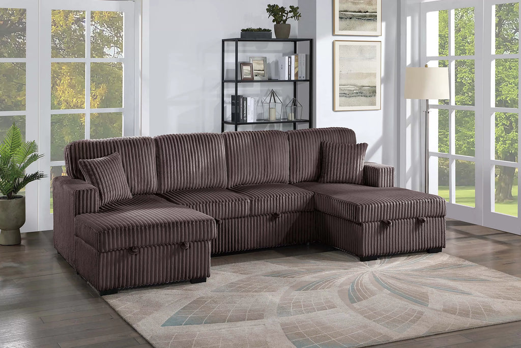3-Piece Convertible Sectional – Sleeper Sofa & 2 Chaise Storage – Chocolate (F8579)