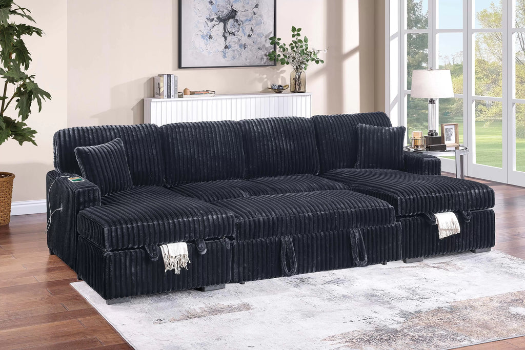 3-Piece Convertible Sectional – Sleeper Sofa & 2 Chaise Storage – Black (F8582)