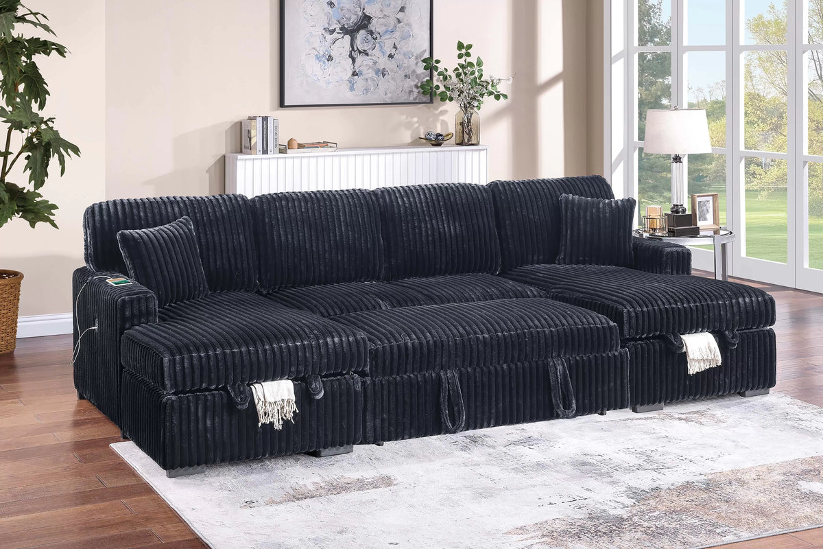 3-Piece Convertible Sectional – Sleeper Sofa & 2 Chaise Storage – Black (F8582)