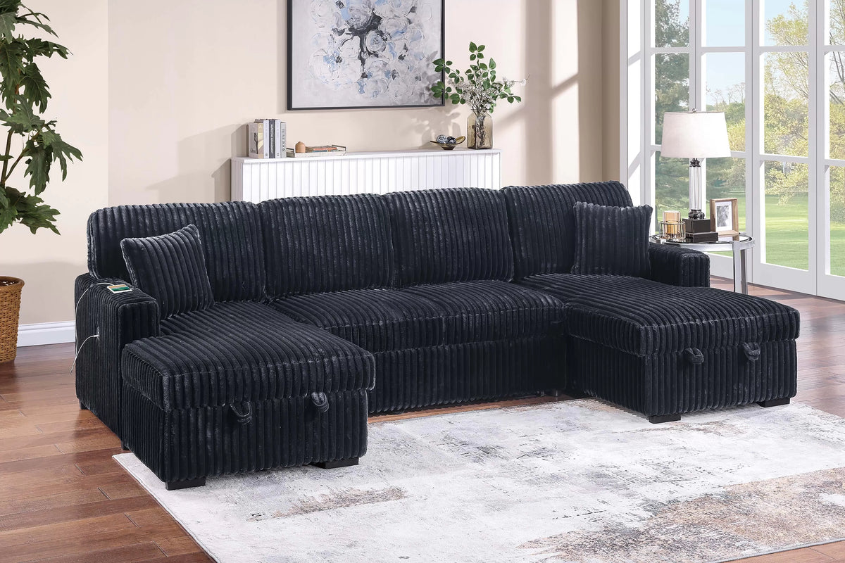 3-Piece Convertible Sectional – Sleeper Sofa & 2 Chaise Storage – Black (F8582)
