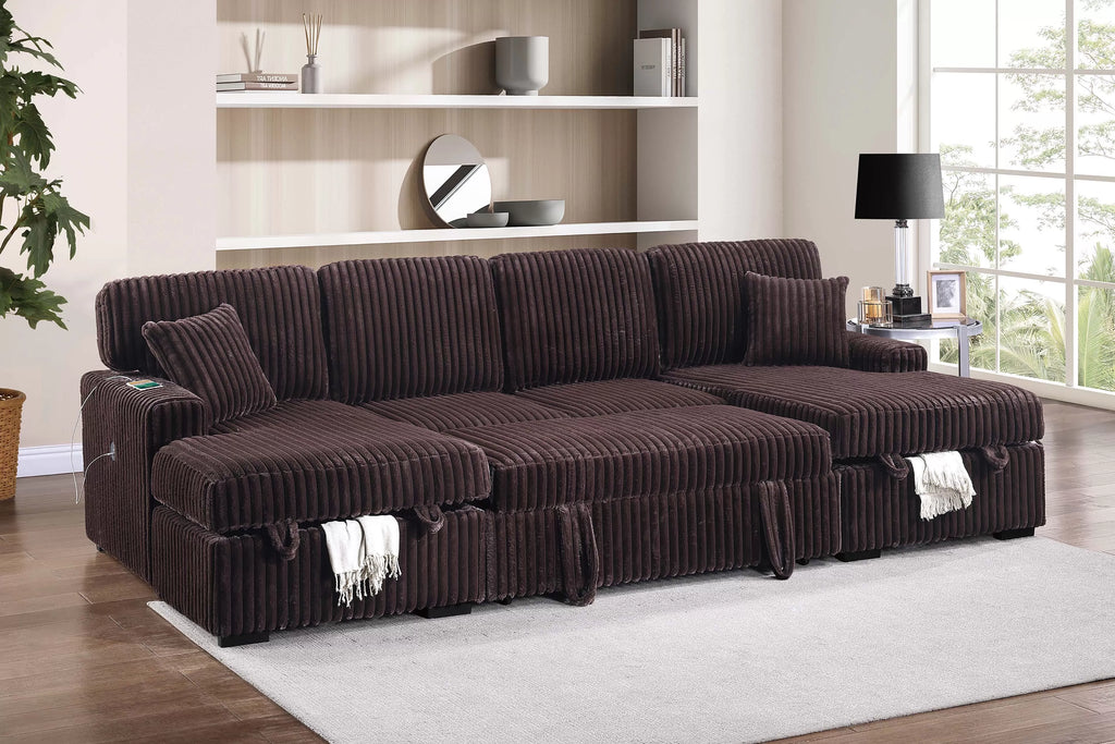 3-Piece Convertible Sectional – Sleeper Sofa & 2 Chaise Storage – Coffee (F8583)