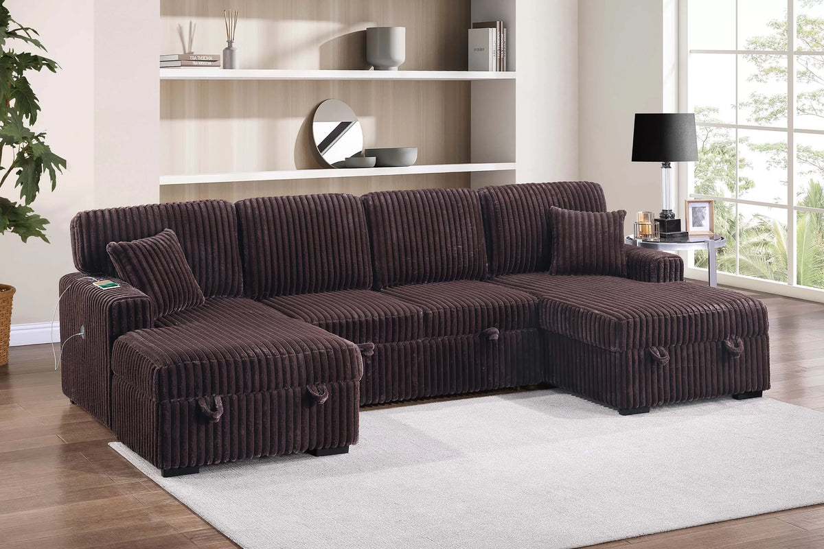 3-Piece Convertible Sectional – Sleeper Sofa & 2 Chaise Storage – Coffee (F8583)