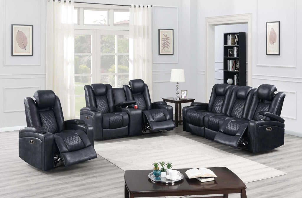 Power Reclining Loveseat – Power Motion + Adjustable Headrest + Console + Cup Holders – Ink Blue (F86328)