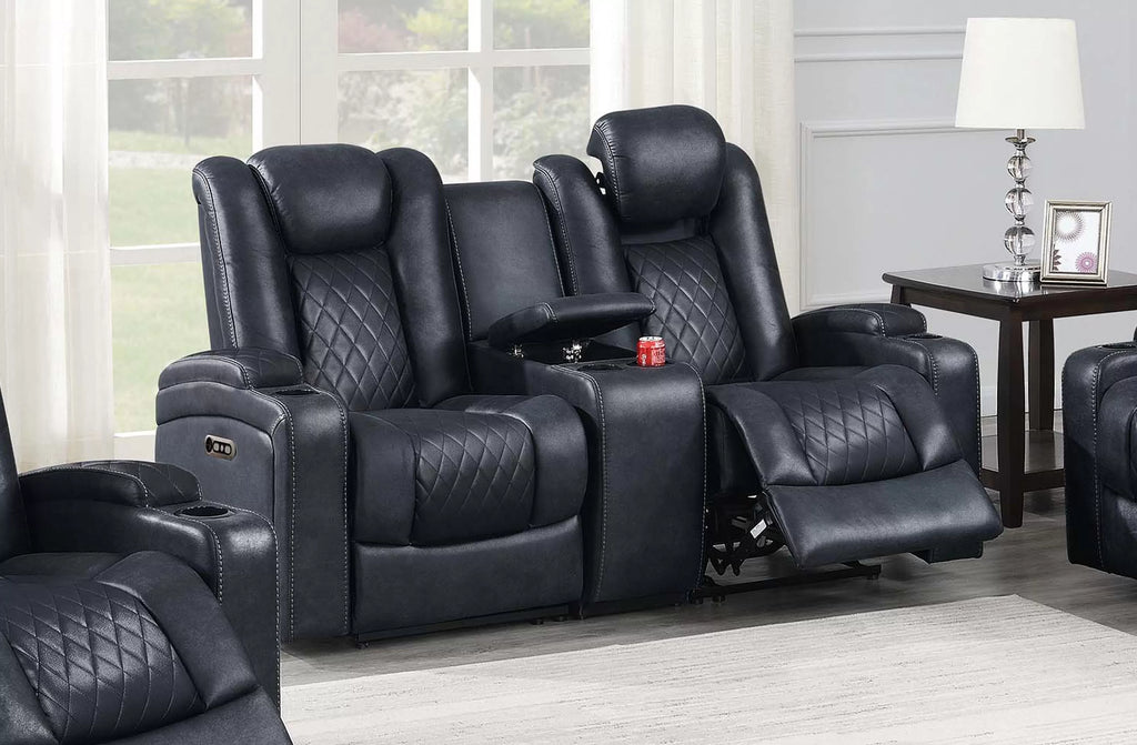 Power Reclining Loveseat – Power Motion + Adjustable Headrest + Console + Cup Holders – Ink Blue (F86328)