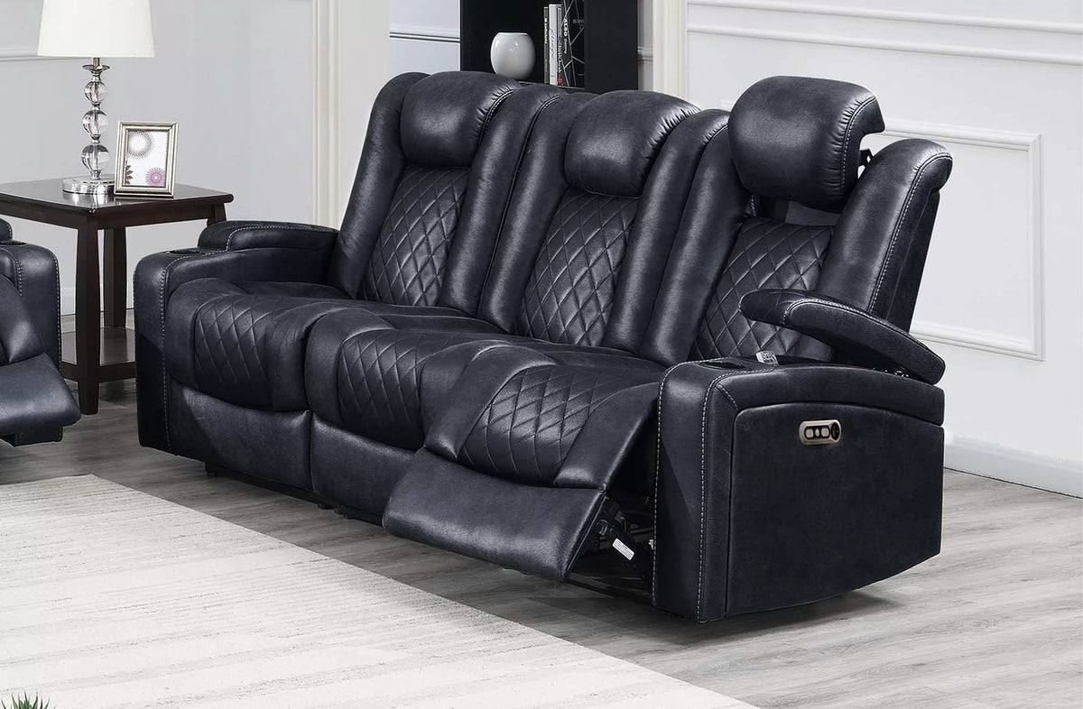 Power Reclining Sofa – Power Motion + Adjustable Headrest + Storage + Cup Holders – Ink Blue (F86329)