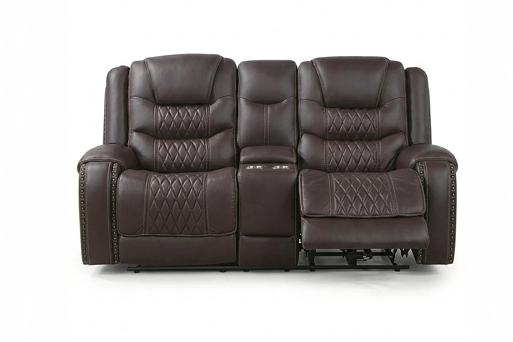 Power Reclining Loveseat – Power Motion + Adjustable Headrest + Console + Cup Holders + USB Port – Chocolate (F86532)