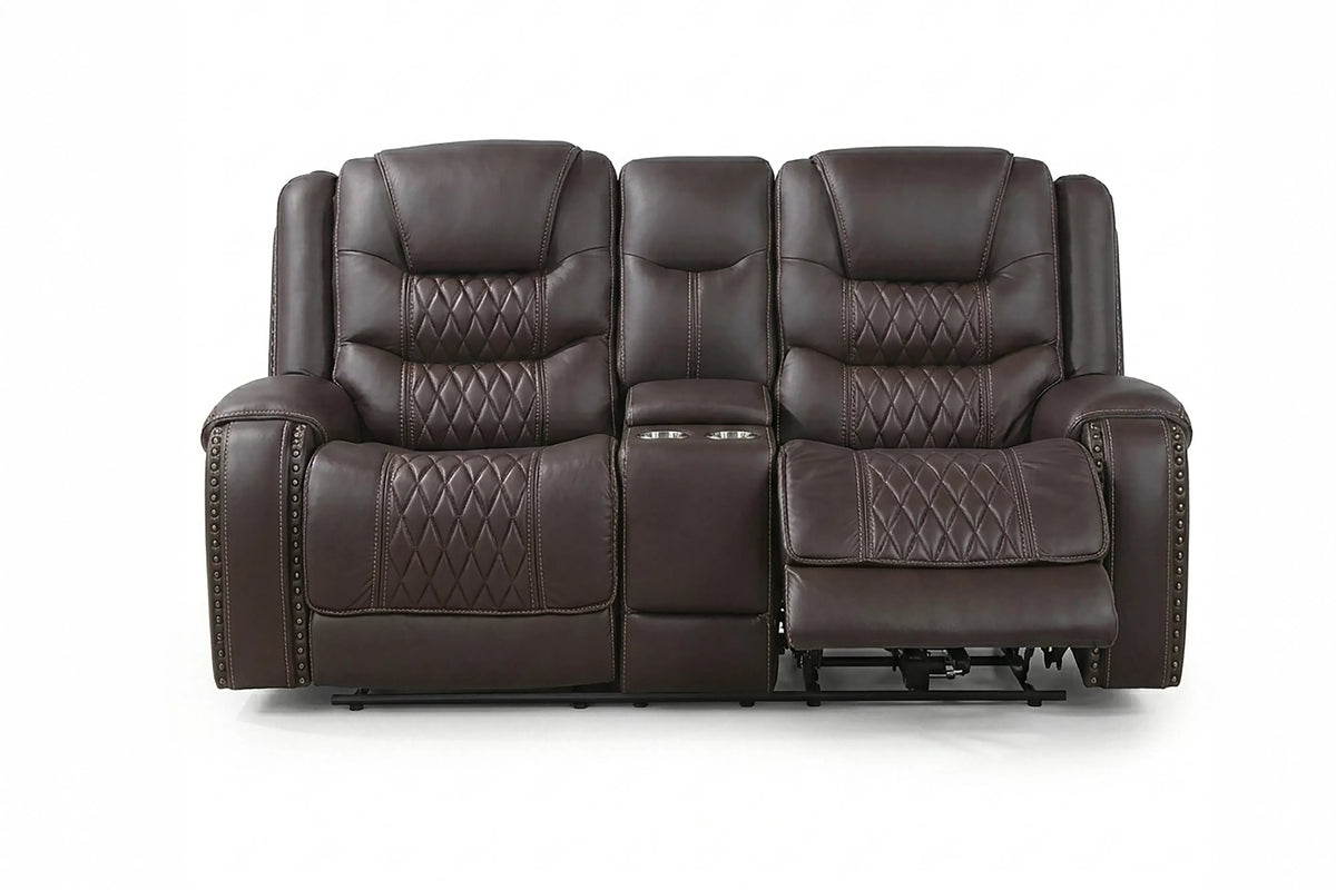 Power Reclining Loveseat – Power Motion + Adjustable Headrest + Console + Cup Holders + USB Port – Chocolate (F86532)