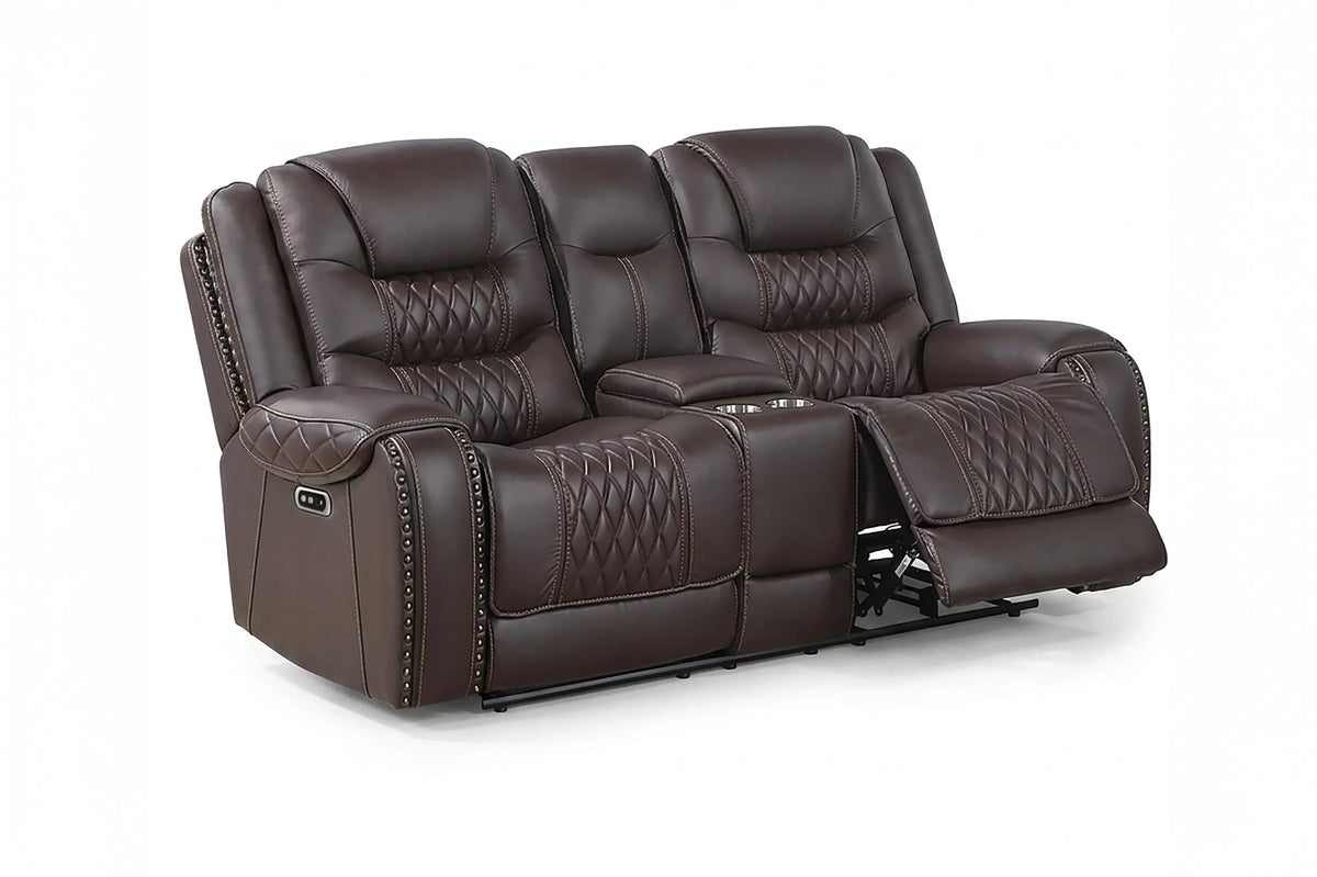 Power Reclining Loveseat – Power Motion + Adjustable Headrest + Console + Cup Holders + USB Port – Chocolate (F86532)