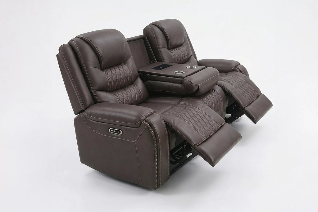 Power Reclining Loveseat – Power Motion + Adjustable Headrest + Console + Cup Holders + USB Port – Chocolate (F86532)