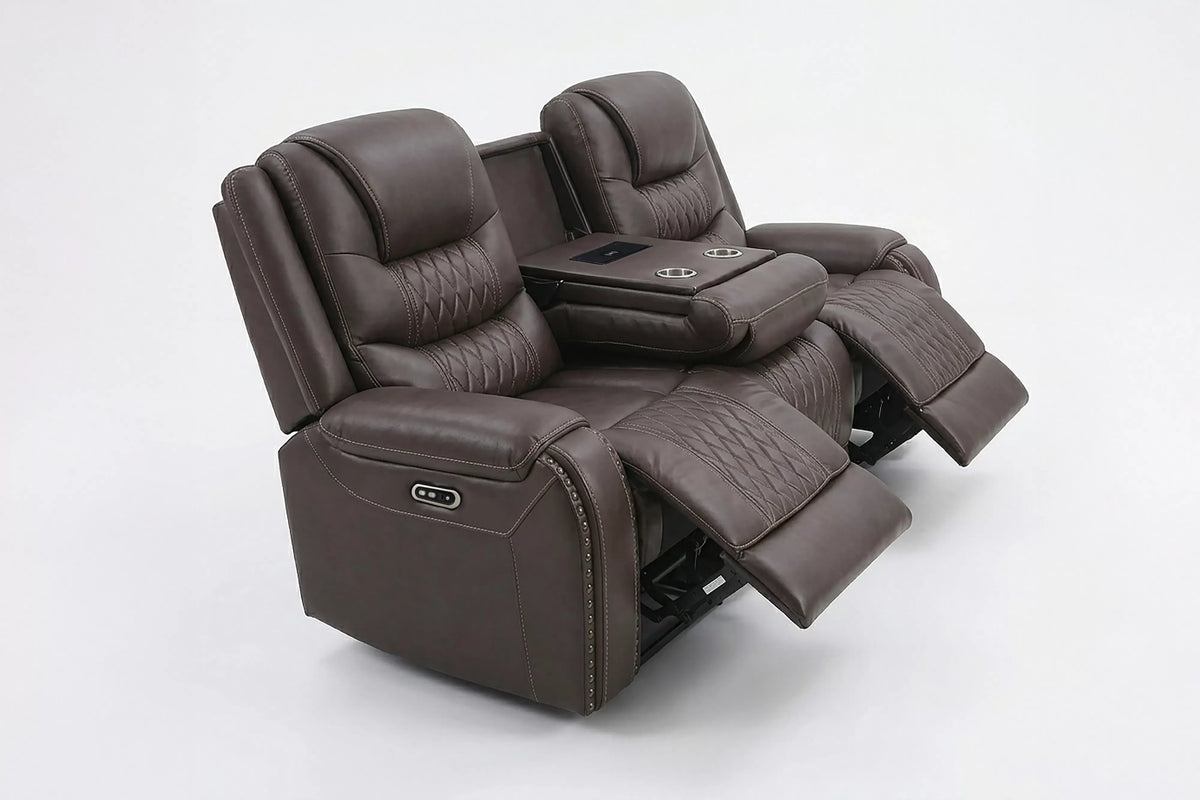 Power Reclining Loveseat – Power Motion + Adjustable Headrest + Console + Cup Holders + USB Port – Chocolate (F86532)