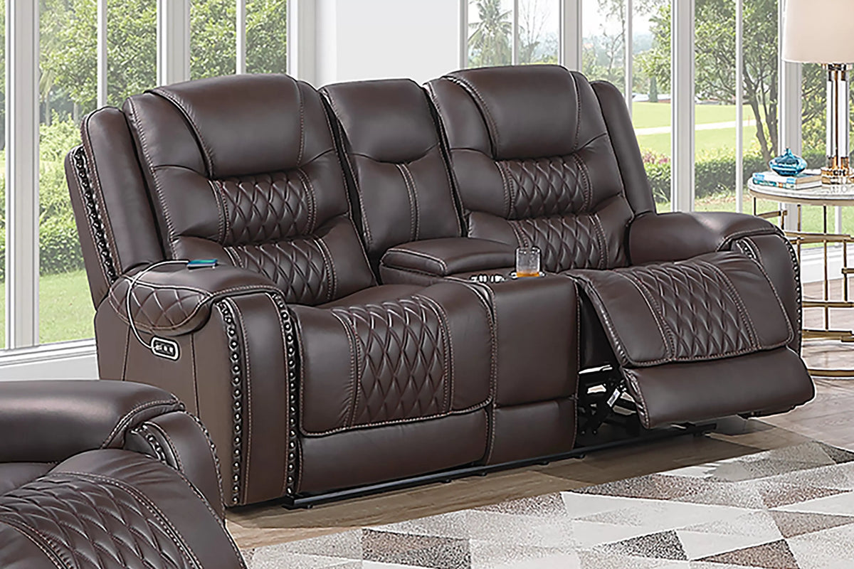 Power Reclining Loveseat – Power Motion + Adjustable Headrest + Console + Cup Holders + USB Port – Chocolate (F86532)