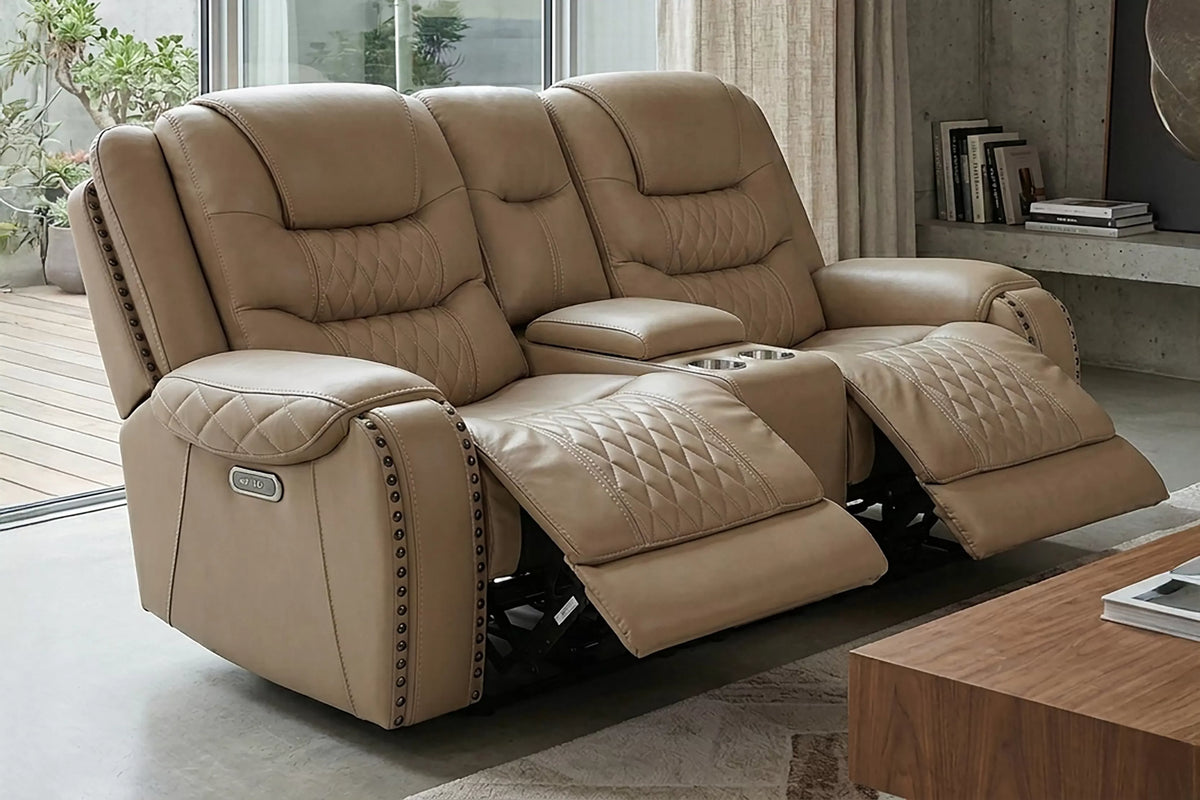 Power Reclining Loveseat – Power Motion + Adjustable Headrest + Console + Cup Holders + USB Port – Toffee (F86535)