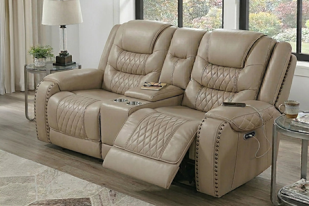 Power Reclining Loveseat – Power Motion + Adjustable Headrest + Console + Cup Holders + USB Port – Toffee (F86535)