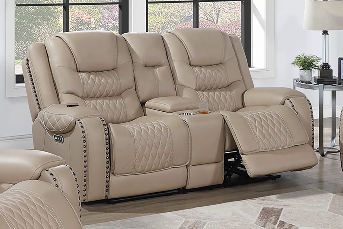 Power Reclining Loveseat – Power Motion + Adjustable Headrest + Console + Cup Holders + USB Port – Toffee (F86535)