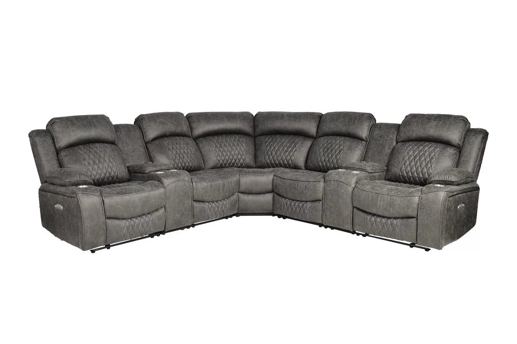 Power Reclining Sectional – Power Motion + Built in USB Port + 2 x Console + Cup Holder – Charcoal (F86633)
