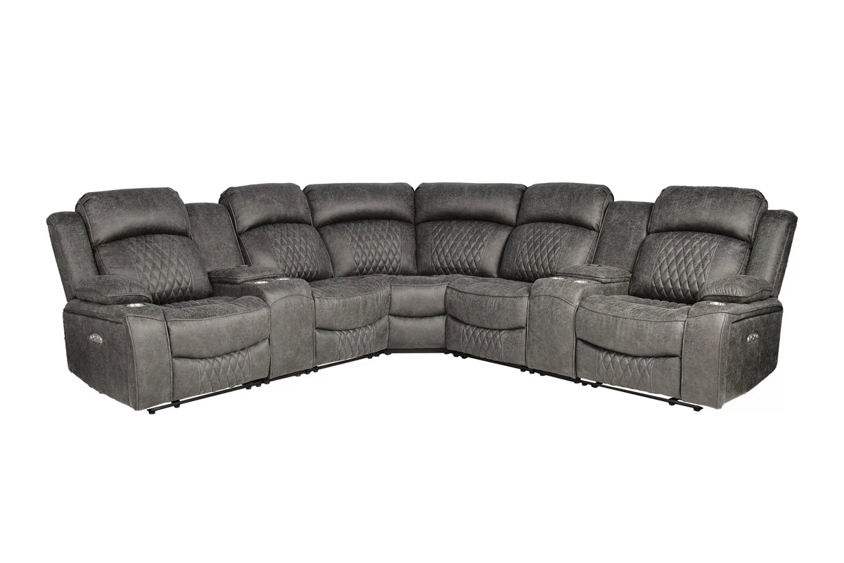 Power Reclining Sectional – Power Motion + Built in USB Port + 2 x Console + Cup Holder – Charcoal (F86633)