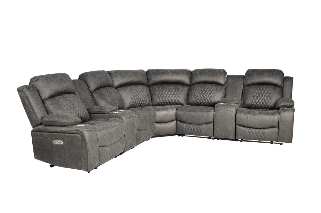 Power Reclining Sectional – Power Motion + Built in USB Port + 2 x Console + Cup Holder – Charcoal (F86633)