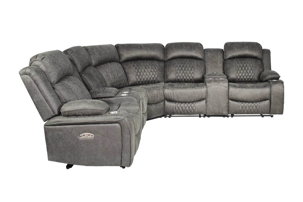 Power Reclining Sectional – Power Motion + Built in USB Port + 2 x Console + Cup Holder – Charcoal (F86633)