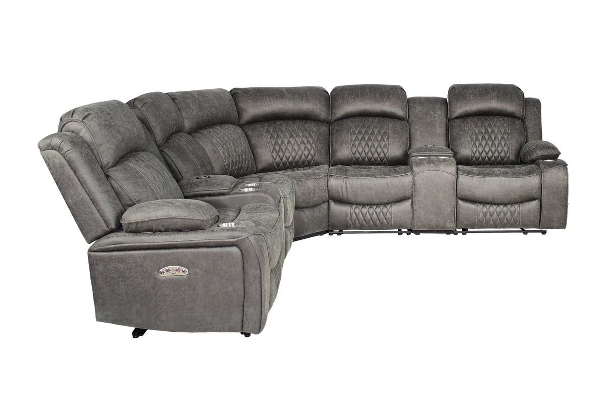 Power Reclining Sectional – Power Motion + Built in USB Port + 2 x Console + Cup Holder – Charcoal (F86633)