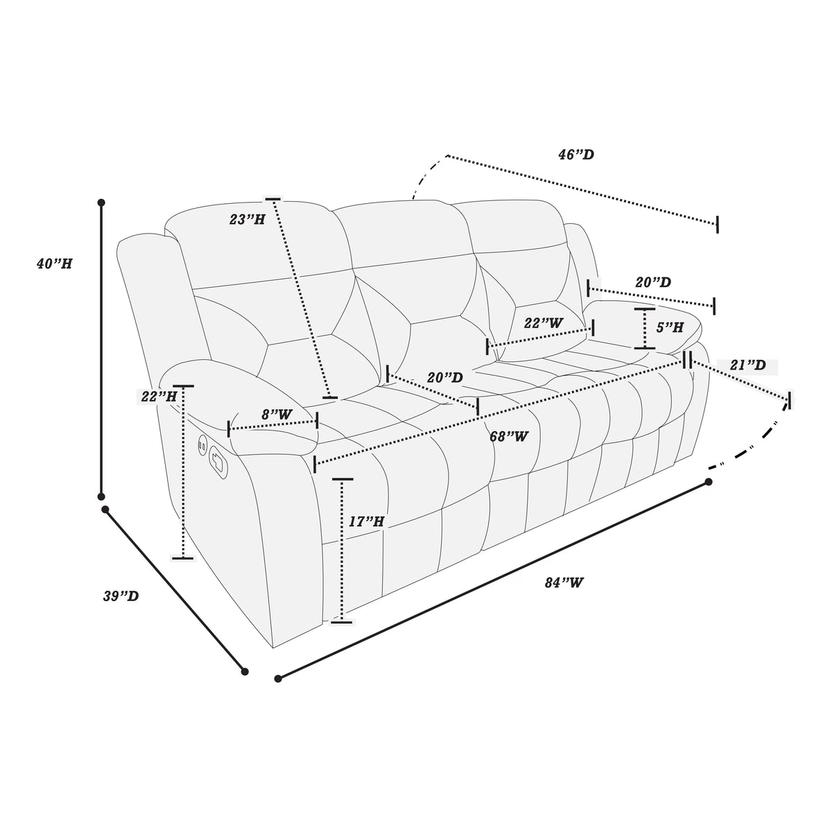 Manual Reclining Sofa – Manual Motion + USB Port – Dark Gray (F8796)
