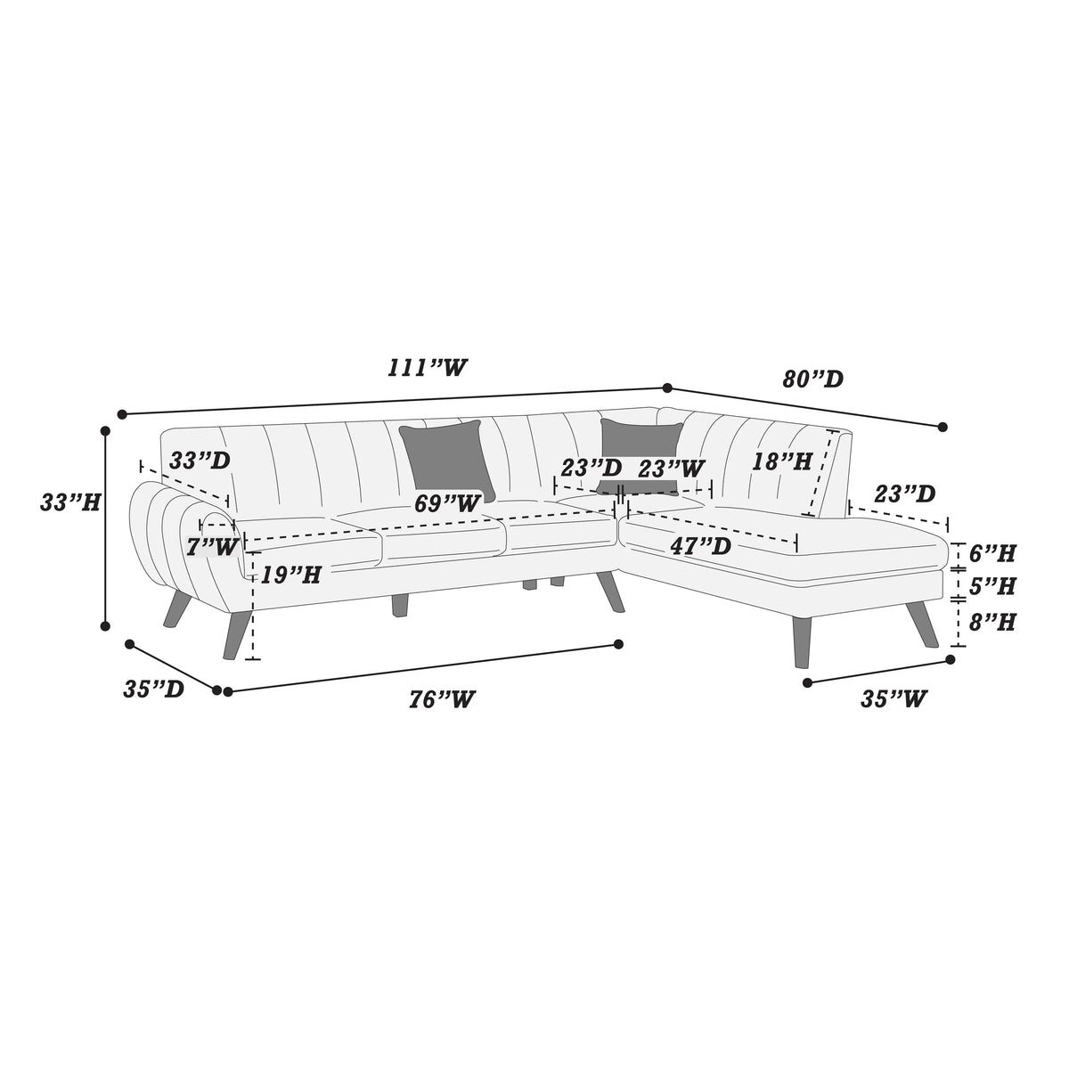 2-Piece Sectional Set W/ 2 Accent Pillows – Left Facing Sofa, Right Facing Chaise Sectional Set-Light Grey – Light Gray (F8869)