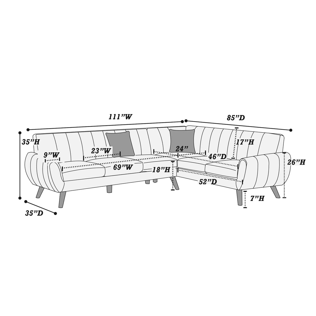 2-Piece Sectional Set W/ 2 Accent Pillows – Left Facing Sofa, Right Facing Loveseat Wedge-Light Grey – Light Gray (F8872)