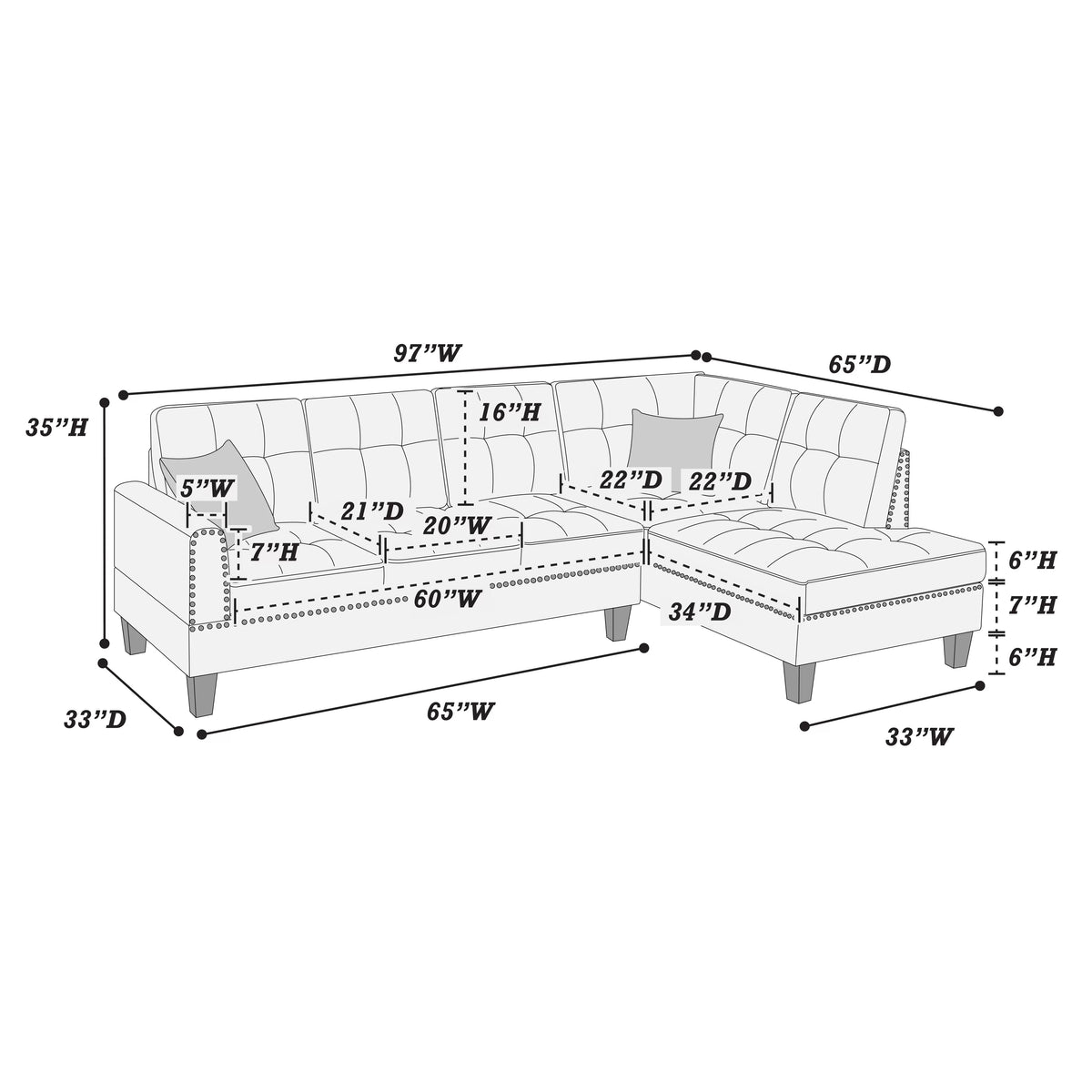 2-Piece Sectional Set – 2pc Sectional Sofa w/ 2 Accent Pillows – Dark Coffee (F8882)