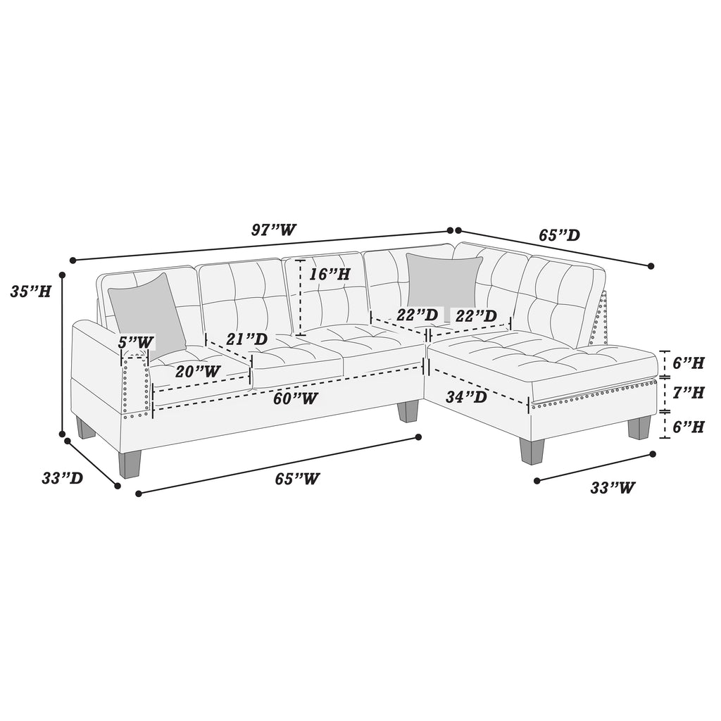 2-Piece Sectional Set – 2pc Sectional Sofa w/ 2 Accent Pillows – Ash Black (F8884)
