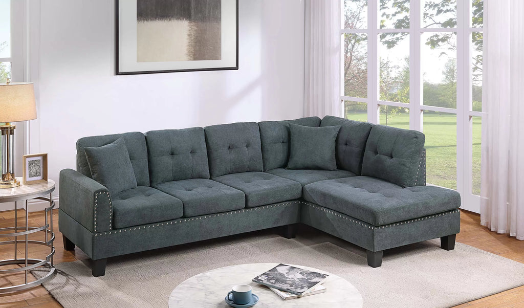 2-Piece Sectional Set – 2pc Sectional Sofa w/ 2 Accent Pillows – Ash Black (F8884)
