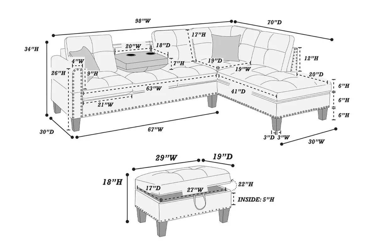 3-Piece Sectional Set – 3pc Sectional Sofa W/ Storage Ottoman-Charcoal (F8886)