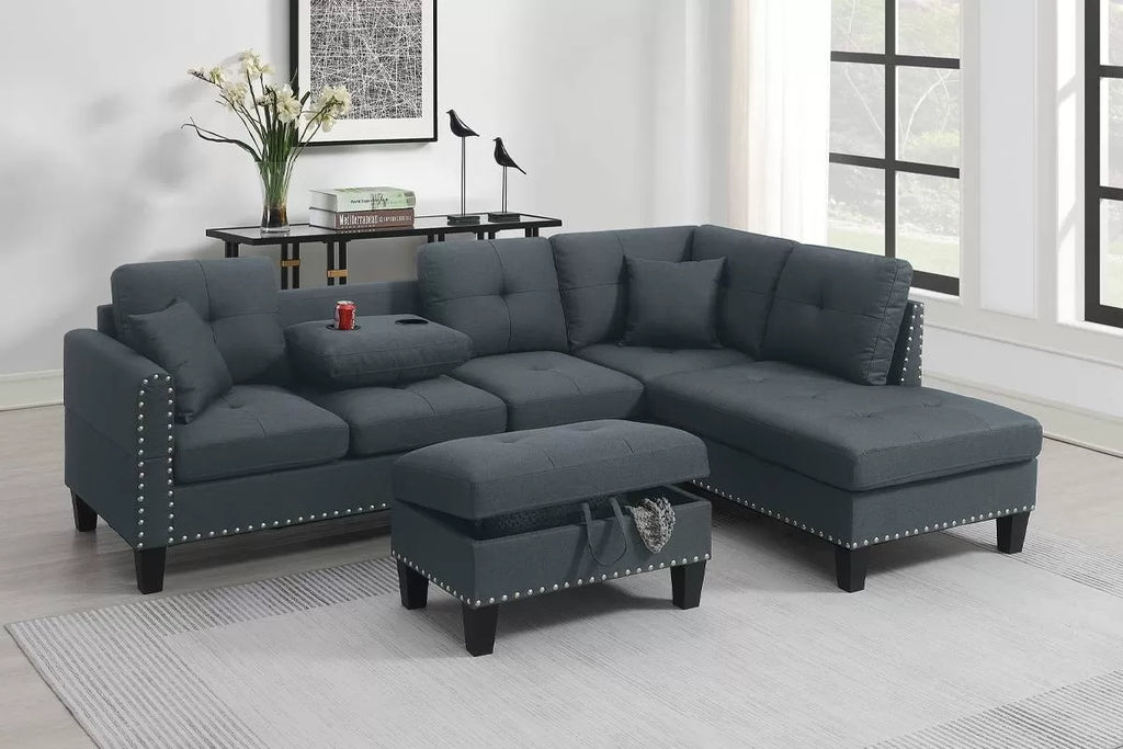 3-Piece Sectional Set – 3pc Sectional Sofa W/ Storage Ottoman-Charcoal (F8886)
