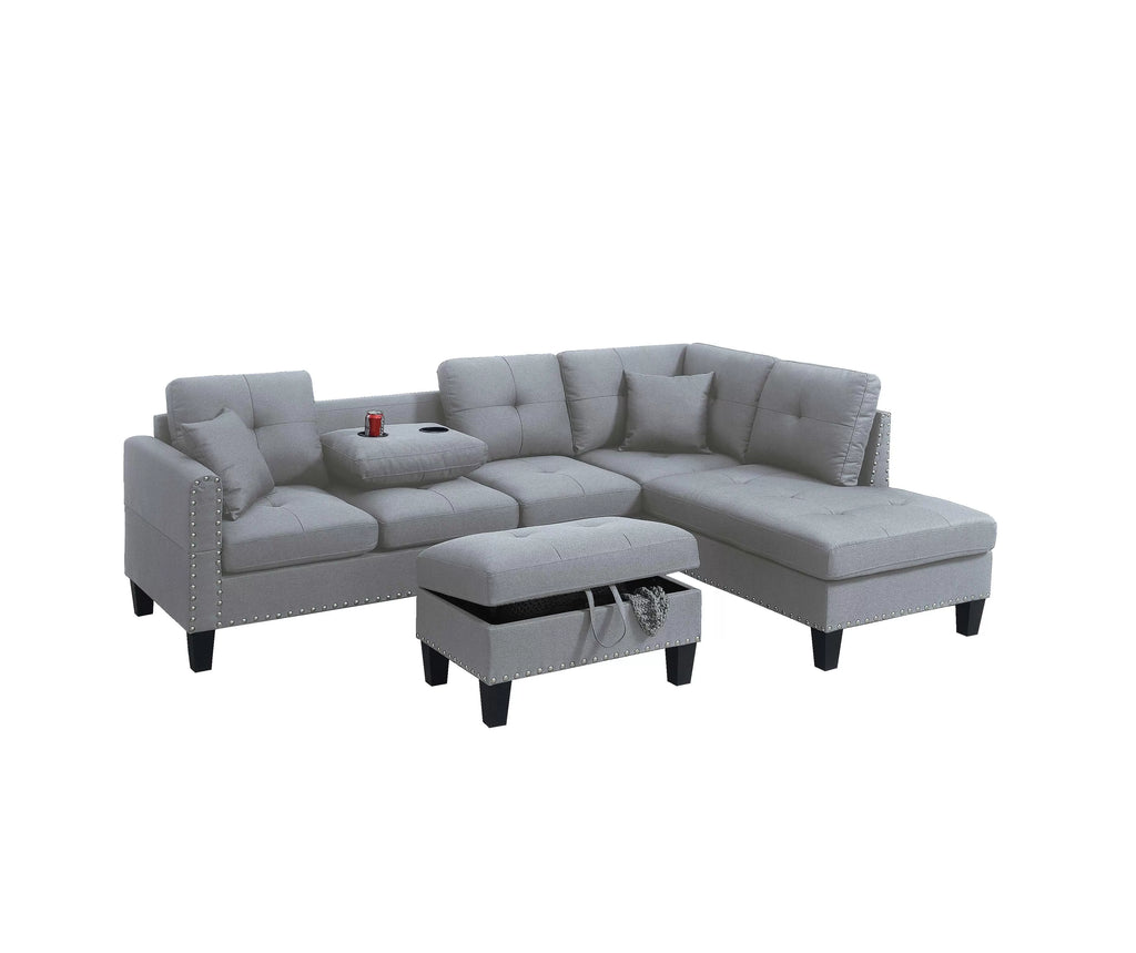 3-Piece Sectional Set – 3pc Sectional Sofa W/ Storage Ottoman-Taupe Grey – Taupe Gray (F8887)