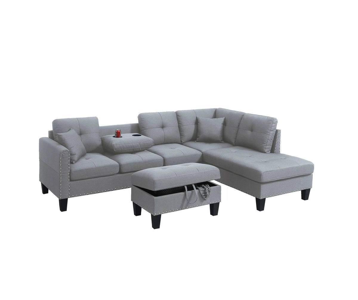 3-Piece Sectional Set – 3pc Sectional Sofa W/ Storage Ottoman-Taupe Grey – Taupe Gray (F8887)