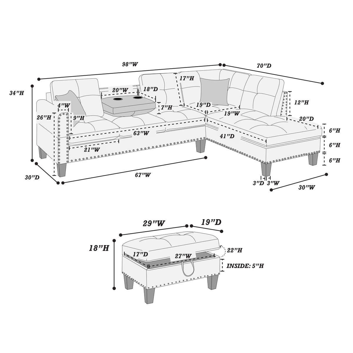 3-Piece Sectional Set – 3pc Sectional Sofa W/ Storage Ottoman-Taupe Grey – Taupe Gray (F8887)