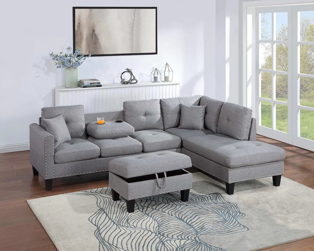 3-Piece Sectional Set – 3pc Sectional Sofa W/ Storage Ottoman-Taupe Grey – Taupe Gray (F8887)