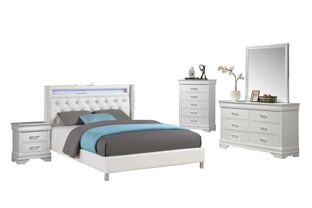 Bed – Platform Bed W/ Charging Station & Built-In LED Lights – White (F9664)