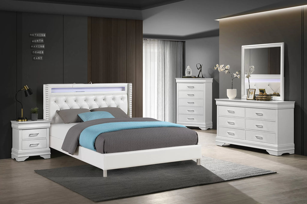 Bed – Platform Bed W/ Charging Station & Built-In LED Lights – White (F9664)