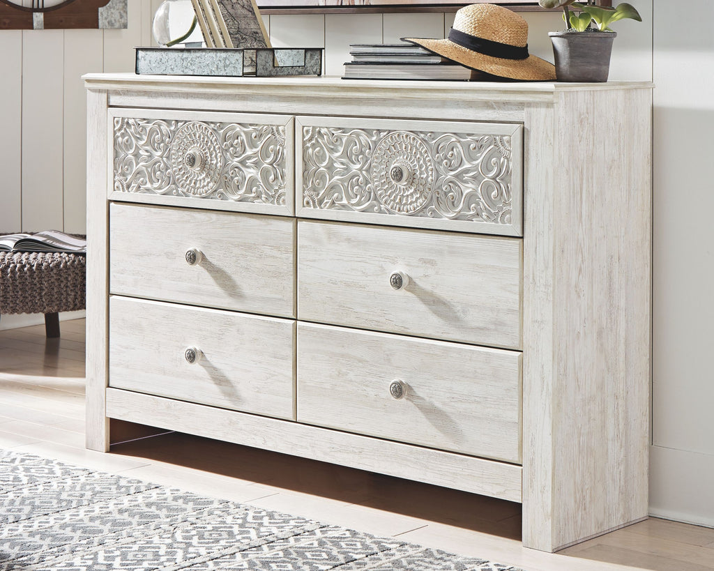 Paxberry - Six Drawer Dresser - Medallion Drawer Pulls - Whitewash