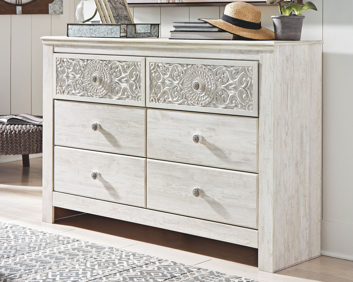 Paxberry - Six Drawer Dresser - Medallion Drawer Pulls - Whitewash